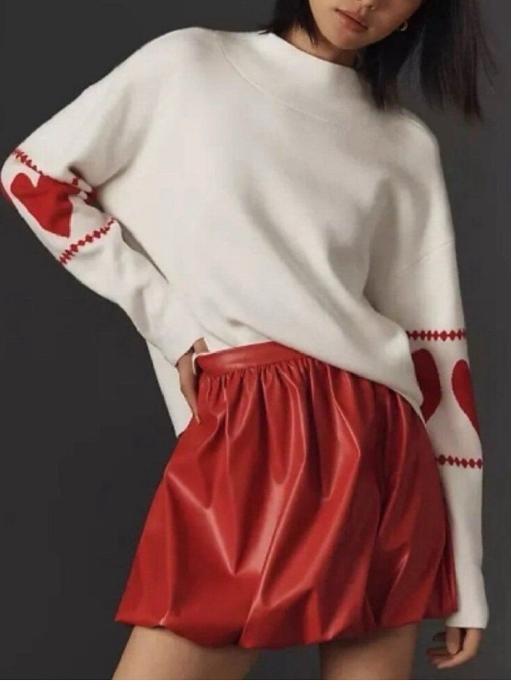 NEW Anthropologie maeve Carys Mock-Neck Sweater Maeve White Red Hearts Sz Small